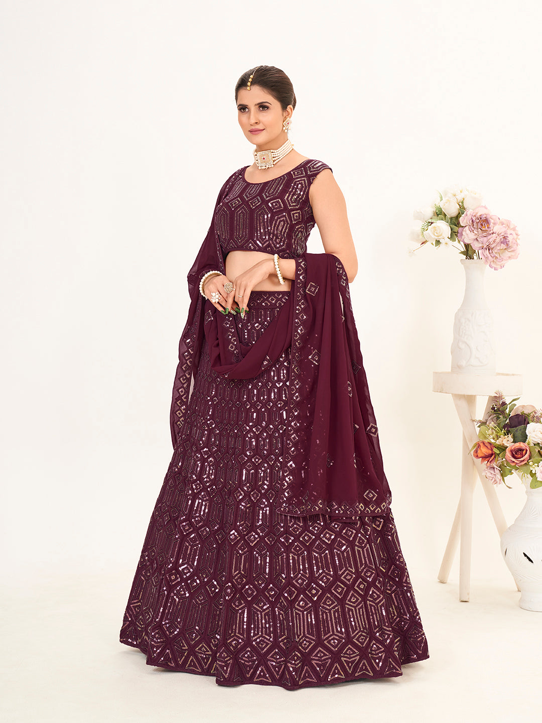 Fancy Purple Georgette Embroidered Wedding Lehenga Choli