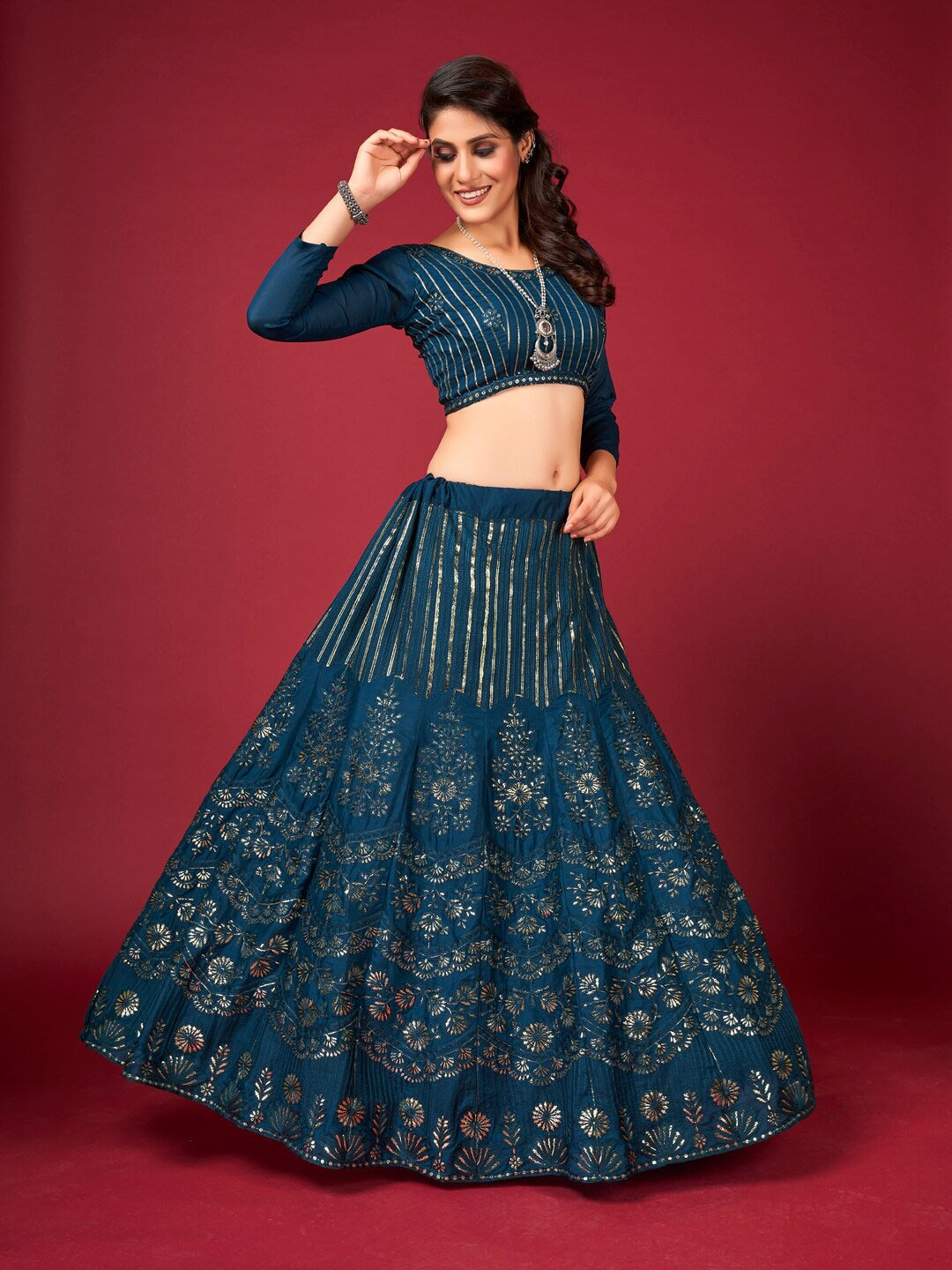 Blue & Gold-Toned Embroidered Sequinned Lehenga & Blouse With Dupatta