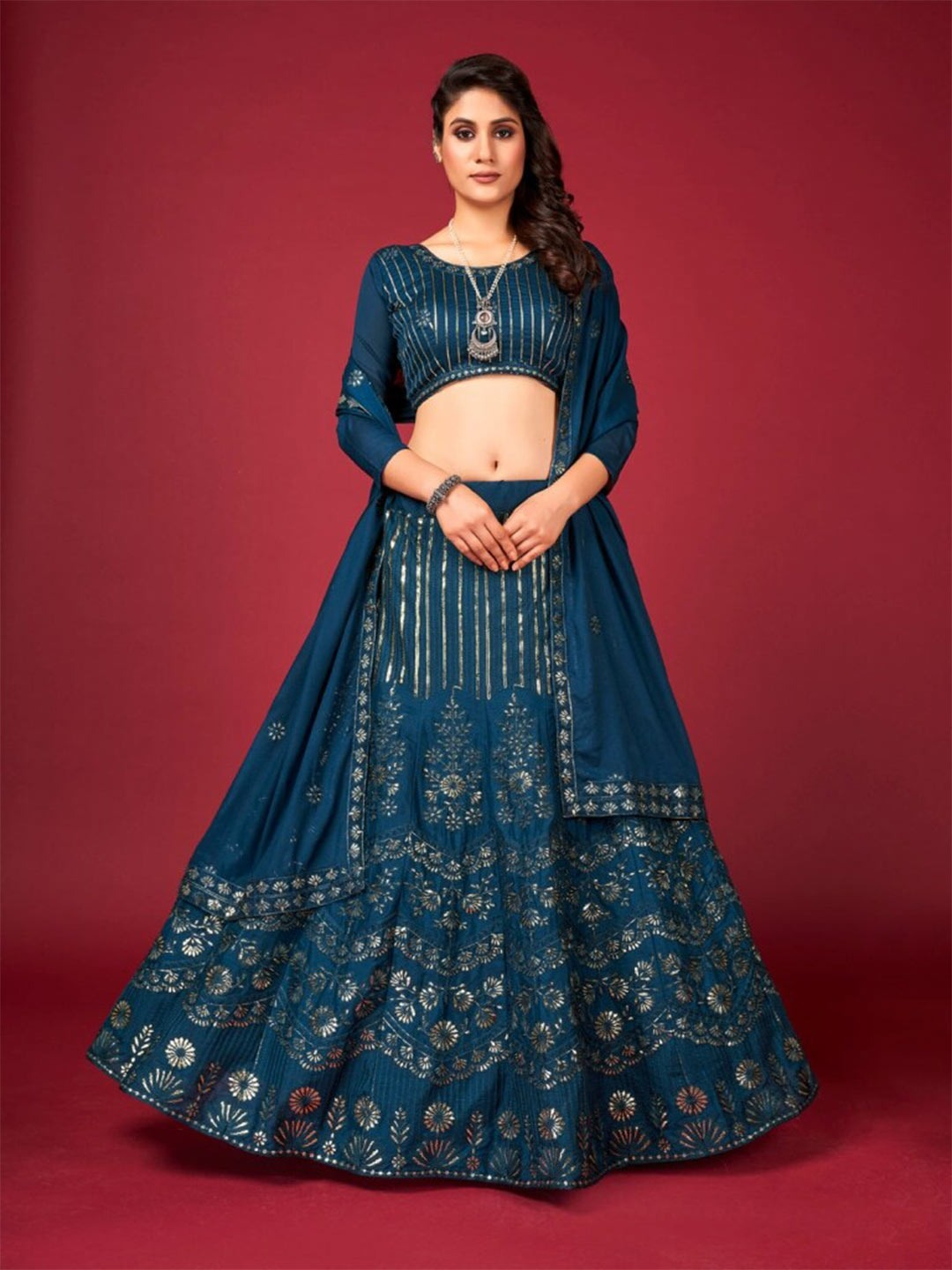 Blue & Gold-Toned Embroidered Sequinned Lehenga & Blouse With Dupatta