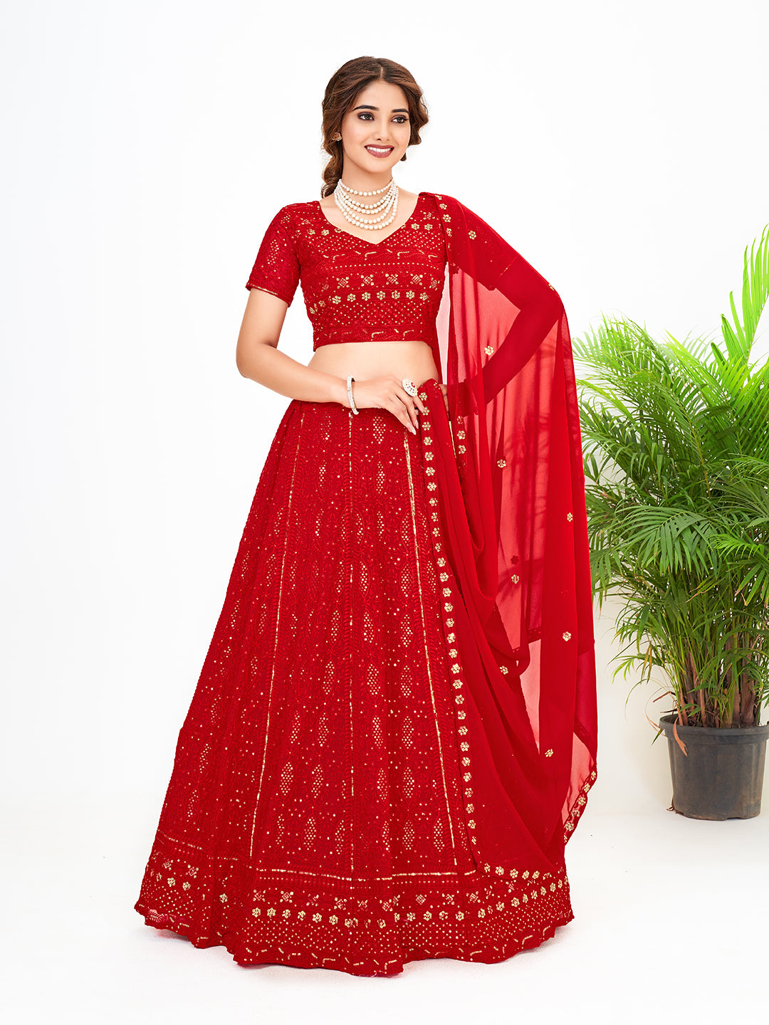 Red Georgette Embroidered Bridal Special Lehenga Choli