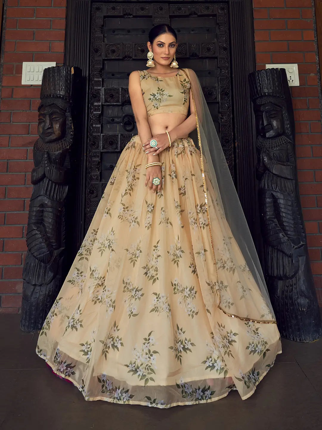 Victory india girls Cream Digital Printed Semi-Stitched Lehenga and Unstitched Blouse With Dupatta