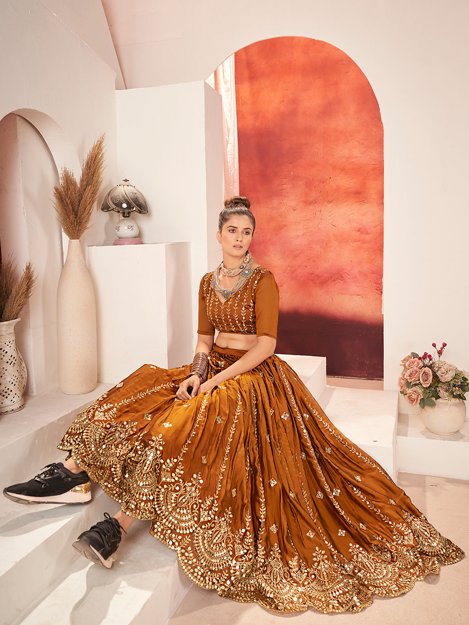 Brown Gold Embroidered Wedding Silk Lehenga Choli