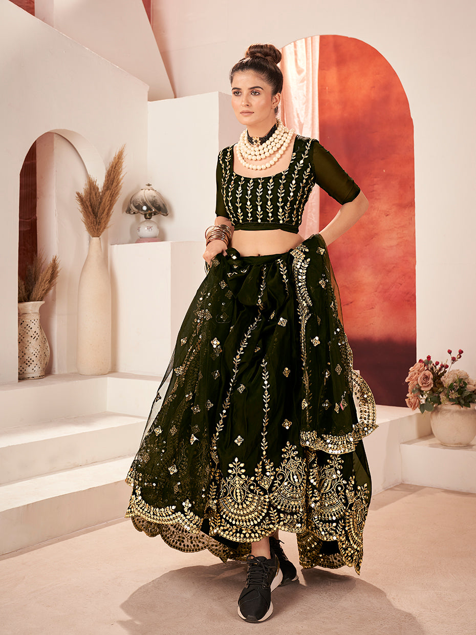 Black Gold Embroidered Wedding Silk Lehenga Choli