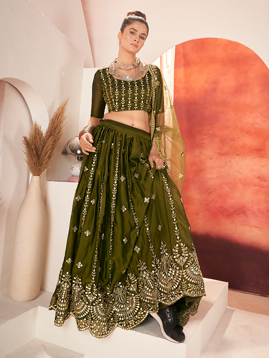 Olive Green Gold Embroidered Wedding Silk Lehenga Choli