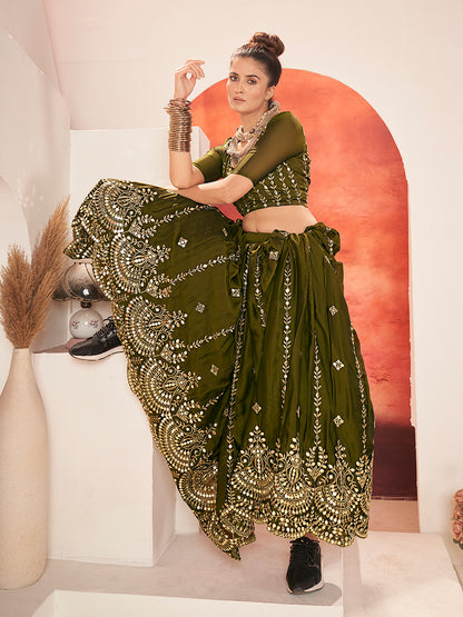 Olive Green Gold Embroidered Wedding Silk Lehenga Choli