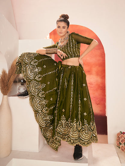 Olive Green Gold Embroidered Wedding Silk Lehenga Choli