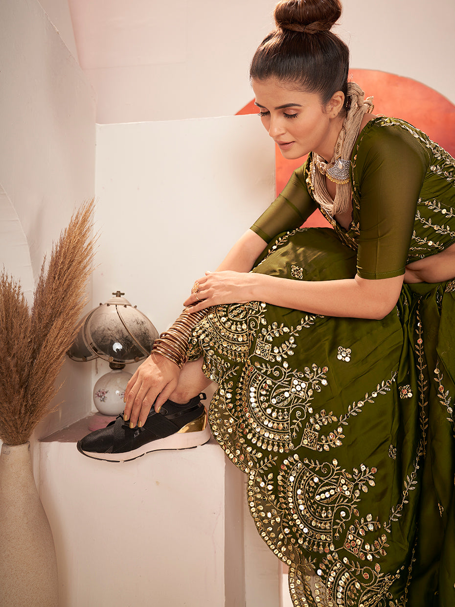 Olive Green Gold Embroidered Wedding Silk Lehenga Choli