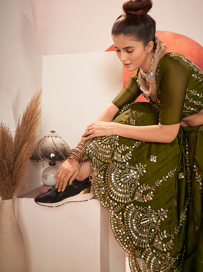 Olive Green Gold Embroidered Wedding Silk Lehenga Choli