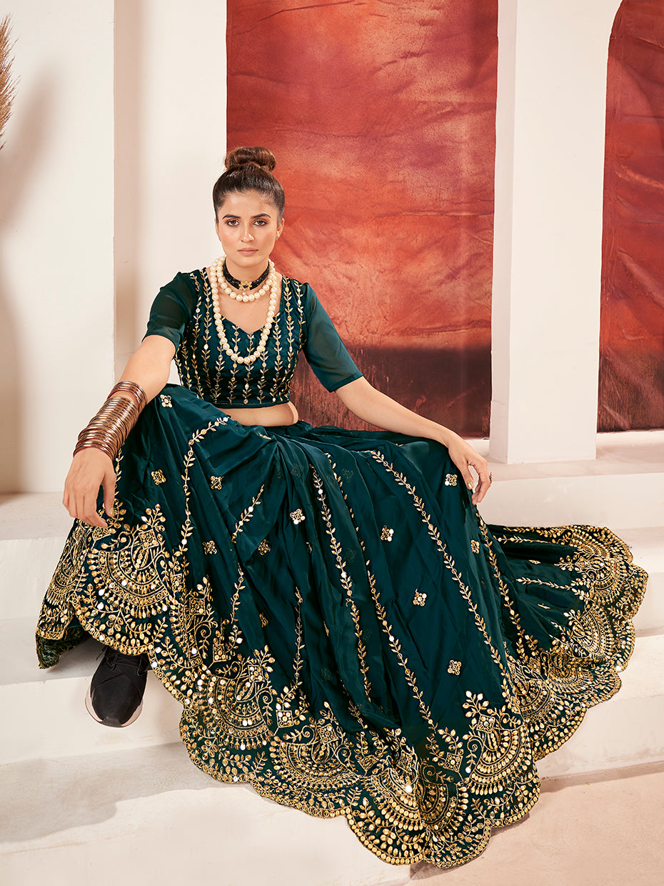 Dark Blue Gold Embroidered Wedding Silk Lehenga Choli