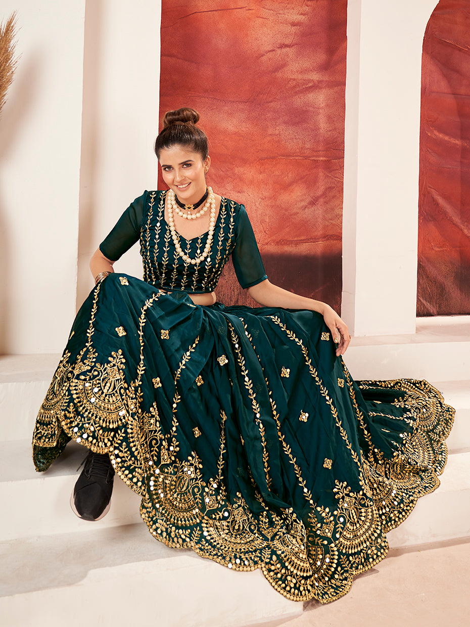 Dark Blue Gold Embroidered Wedding Silk Lehenga Choli