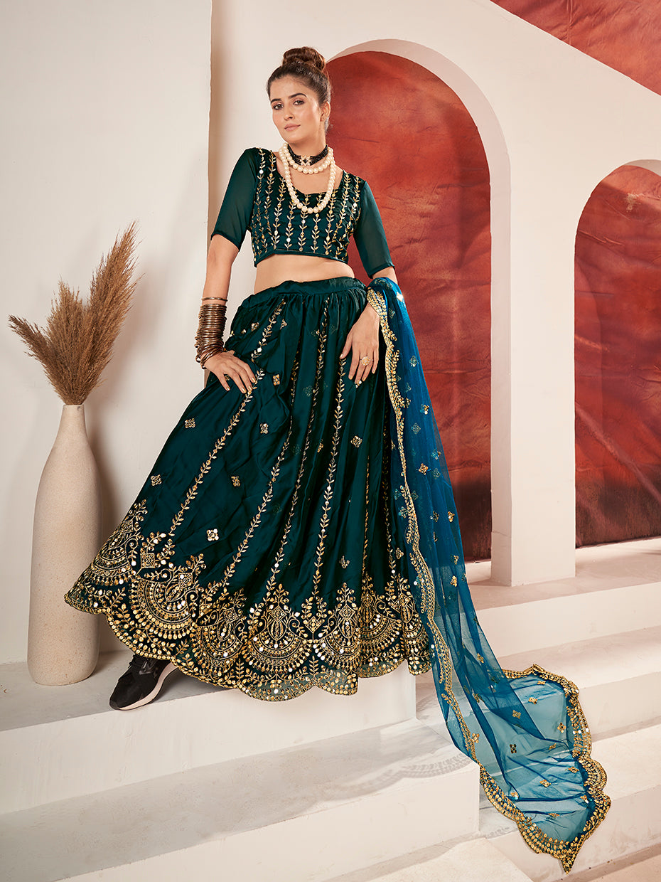 Dark Blue Gold Embroidered Wedding Silk Lehenga Choli