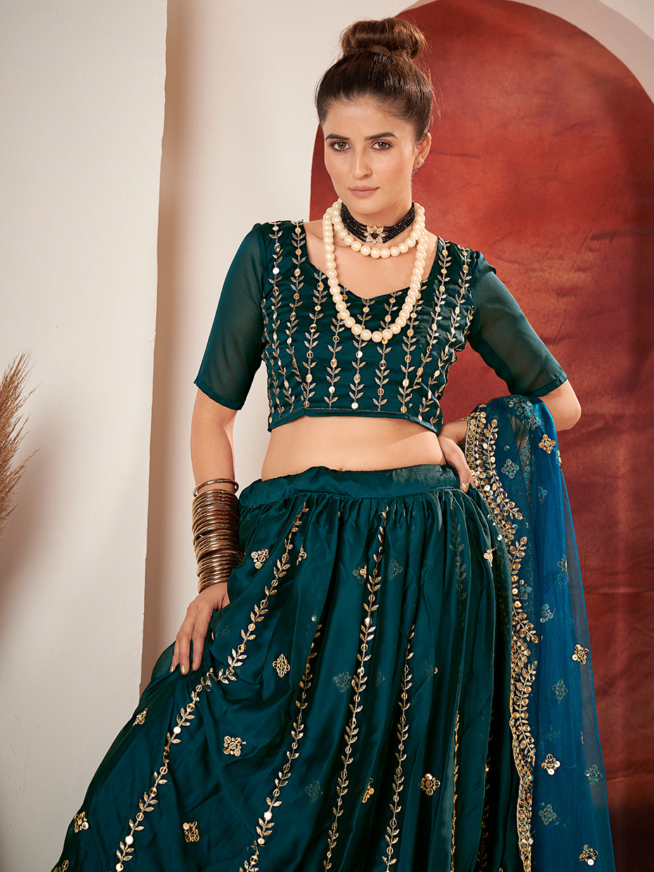 Dark Blue Gold Embroidered Wedding Silk Lehenga Choli