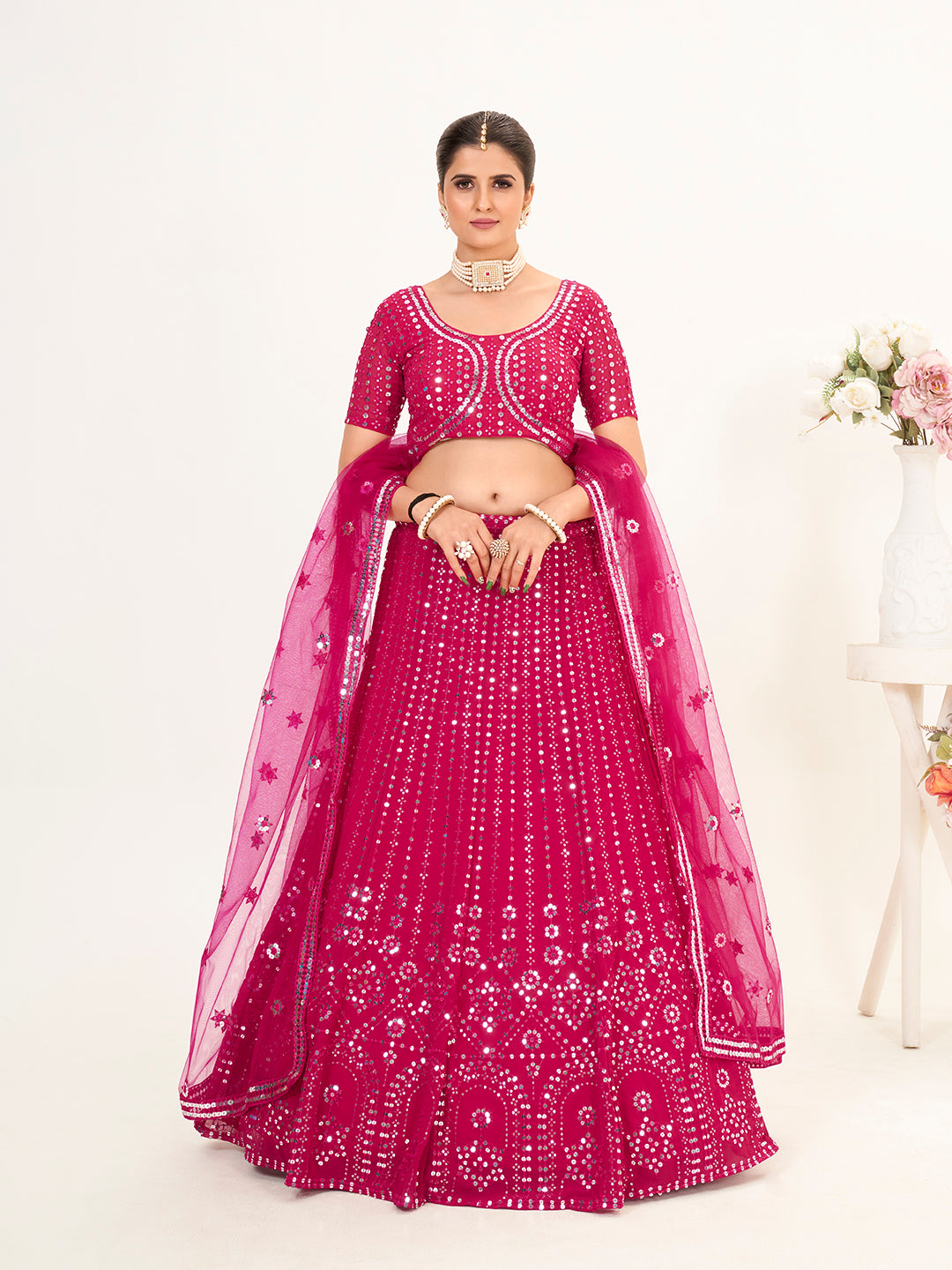 Rani Pink Georgette Embroidered Wedding Lehenga Choli