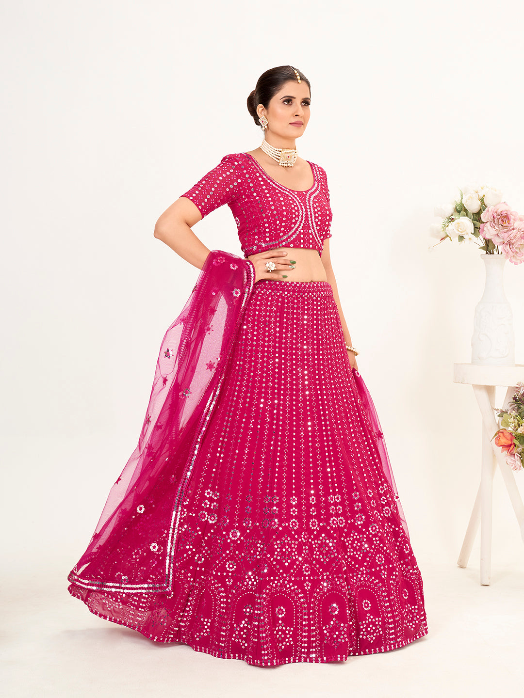 Rani Pink Georgette Embroidered Wedding Lehenga Choli