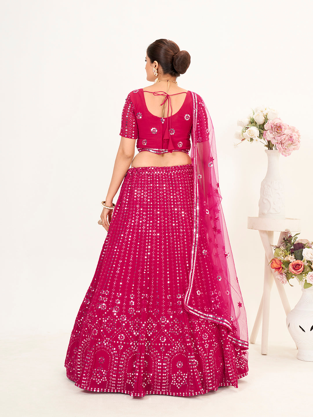Rani Pink Georgette Embroidered Wedding Lehenga Choli