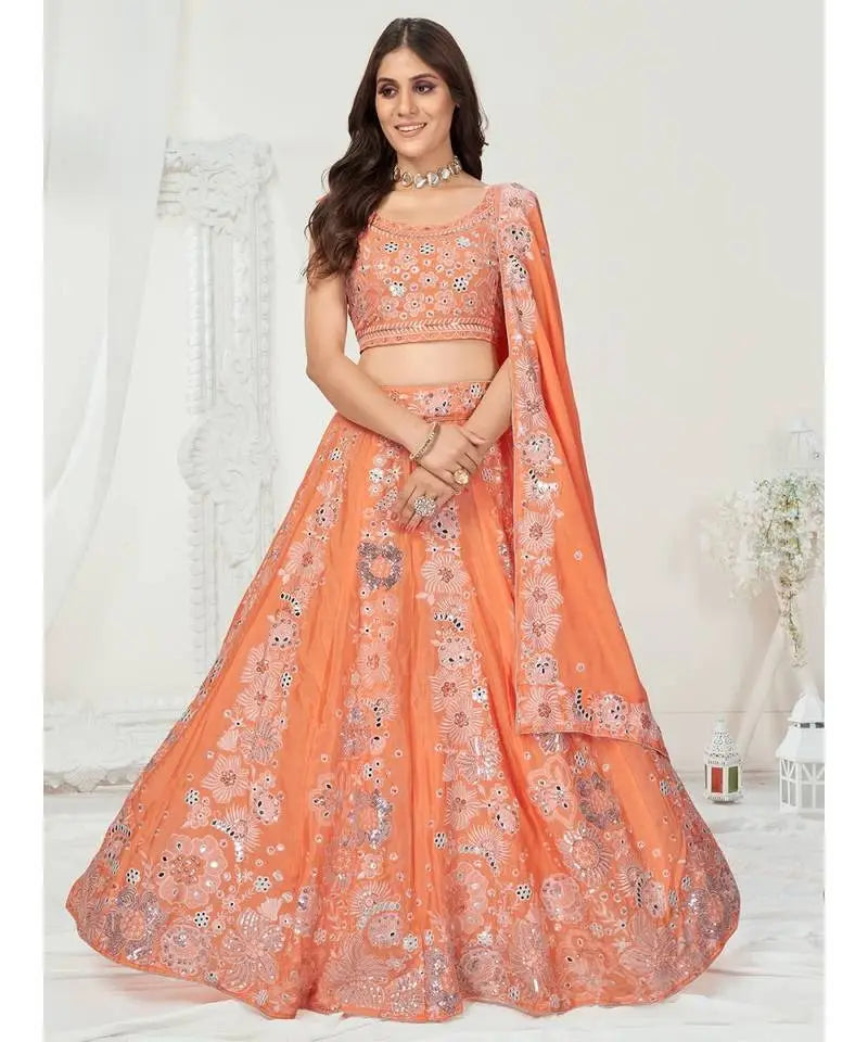 Orange Georgette Sequins Embroidered Lehenga Choli