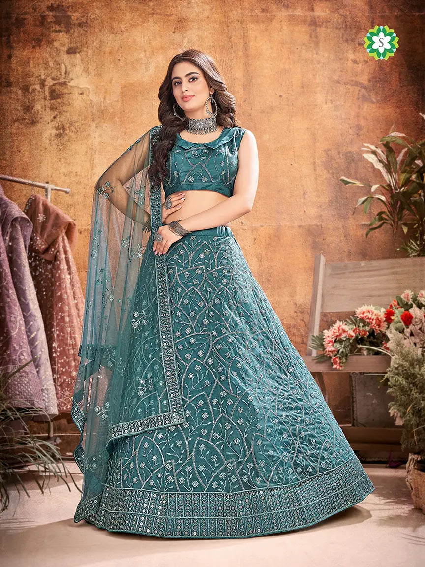 Indian Looks Teal and Silver Toned Embroidered Sangeet Special Lehenga and Blouse With Dupatta