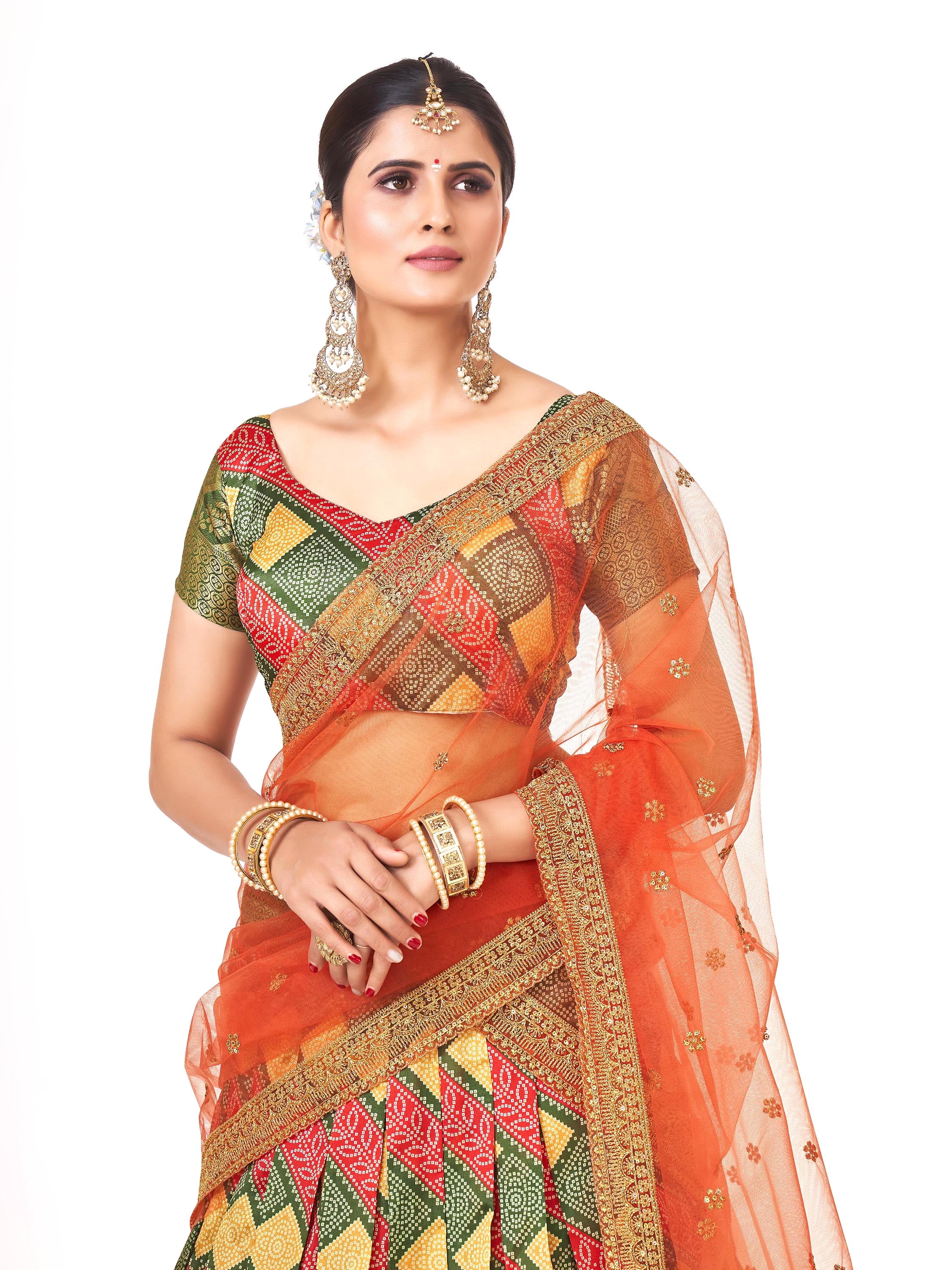 Orange Weaving Work and Floral Printed Banarasi Silk Pattu Half Saree