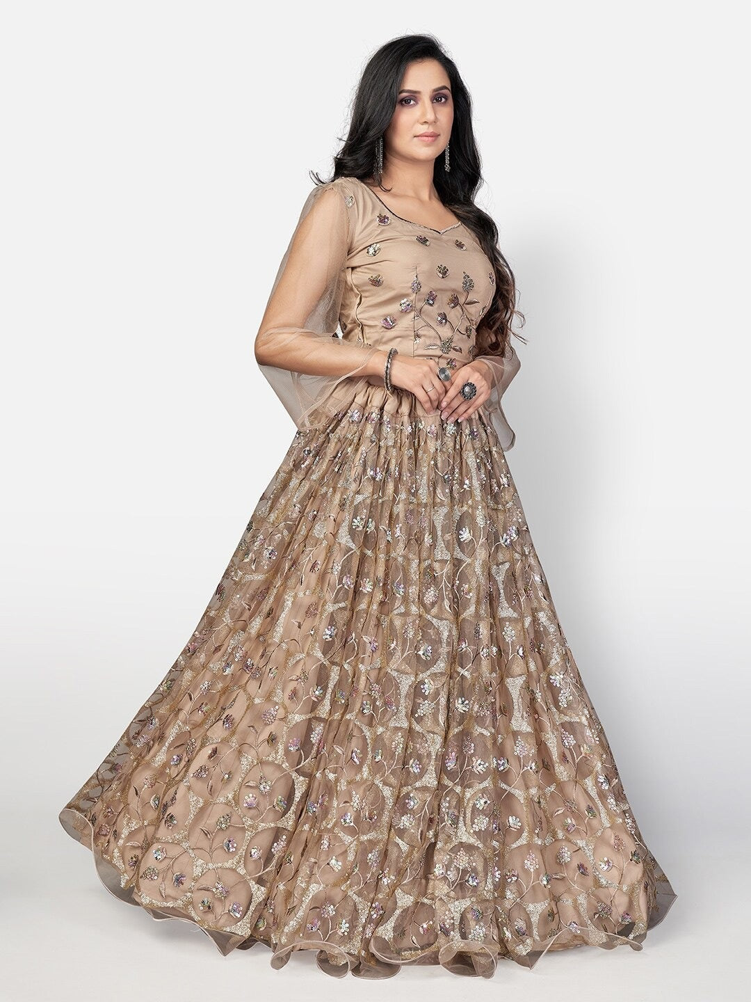Copper-Toned & Silver-Toned Embellished Sequinned Lehenga Choli