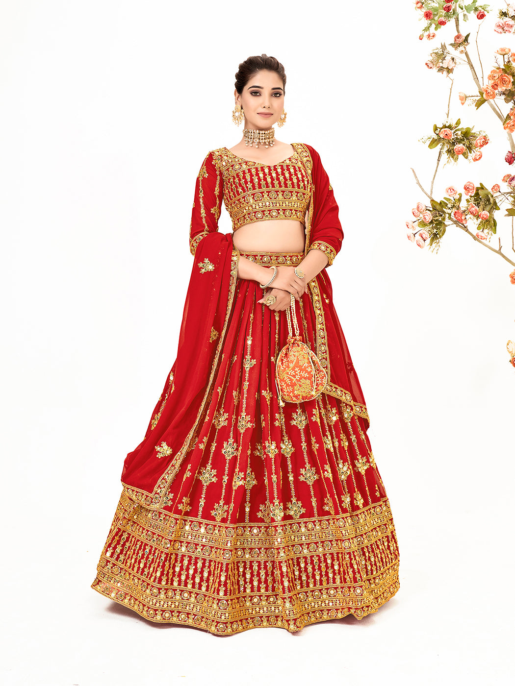 Scarlet Red Georgette Embroidered Wedding Lehenga Choli