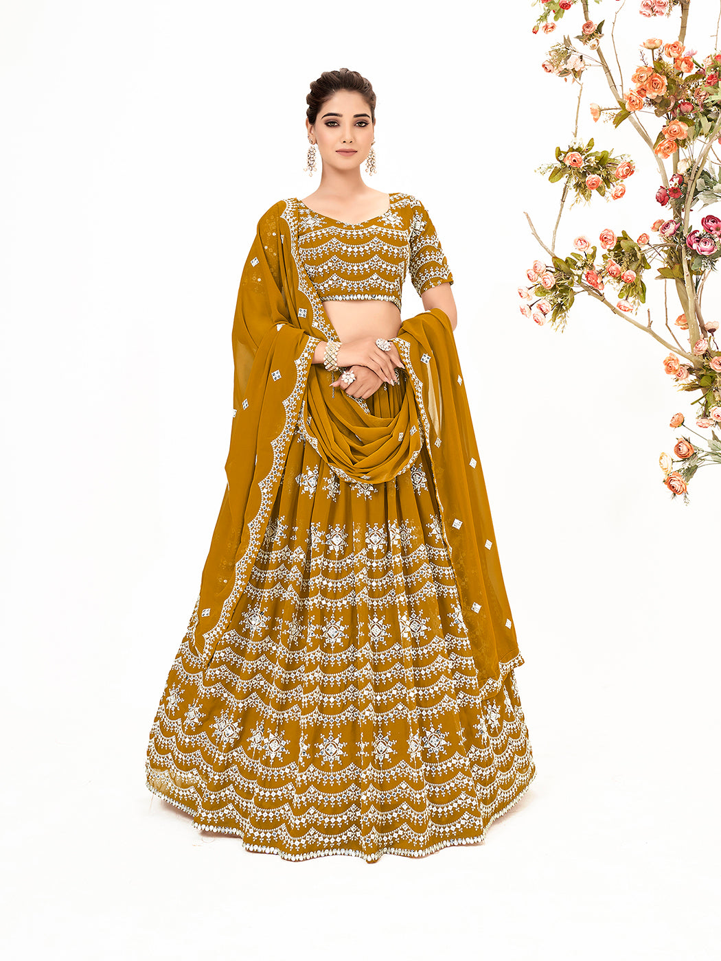 Mustard Yellow Georgette Embroidered Wedding Lehenga Choli