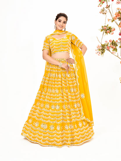 Corn Yellow Georgette Embroidered Wedding Lehenga Choli