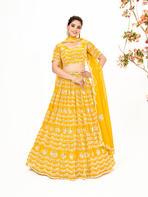 Corn Yellow Georgette Embroidered Wedding Lehenga Choli
