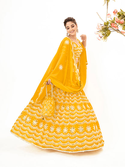 Corn Yellow Georgette Embroidered Wedding Lehenga Choli