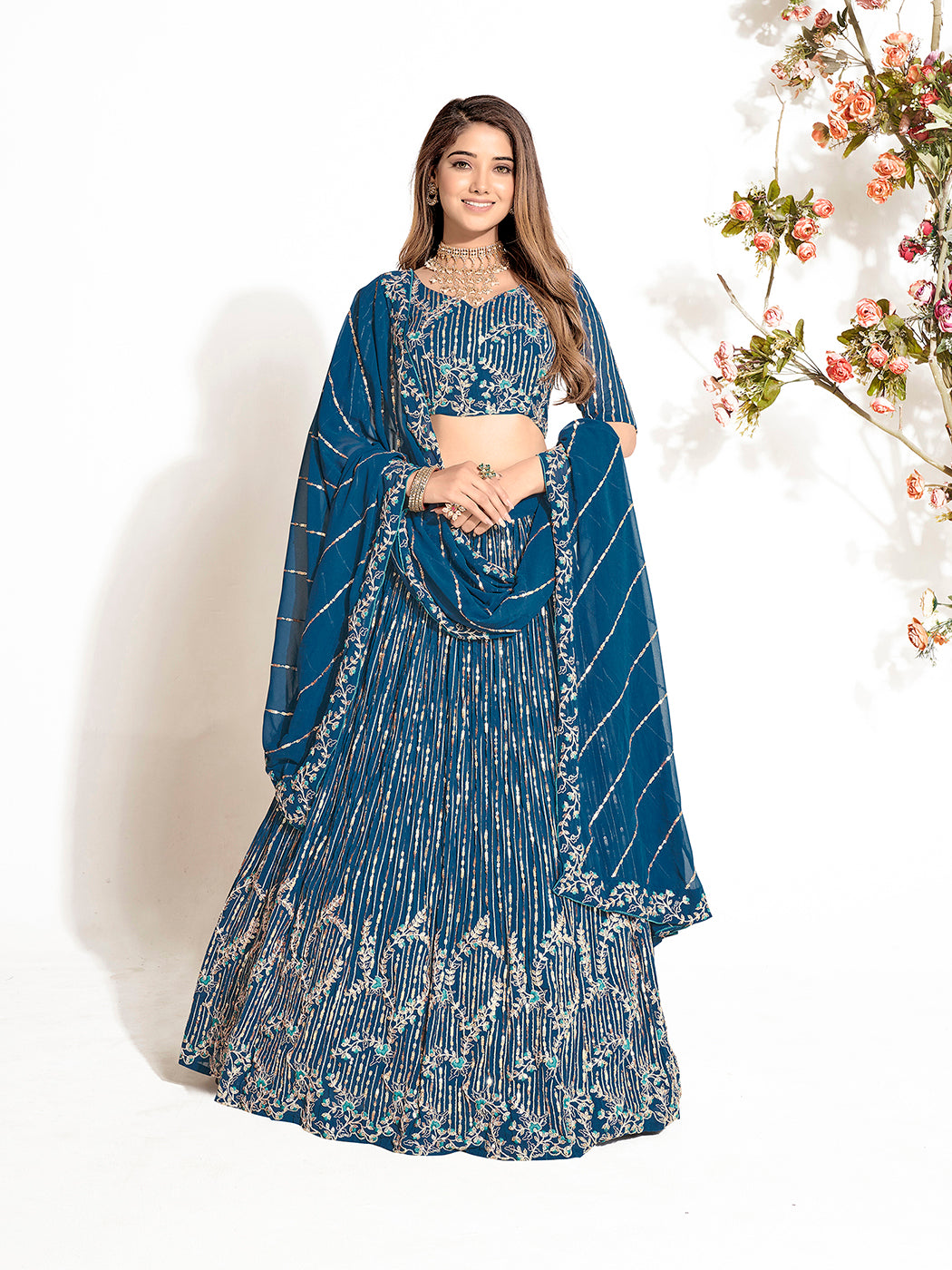 Dark Blue Georgette Embroidered Wedding Lehenga Choli