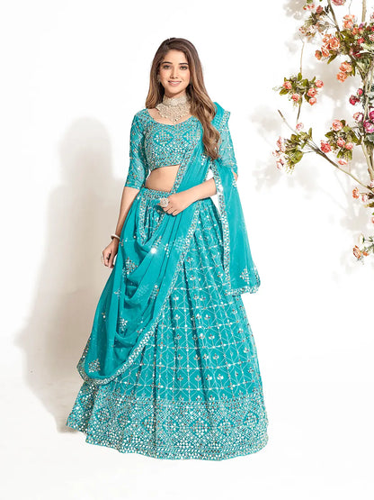 Sky Blue Georgette Embroidered Wedding Lehenga Choli