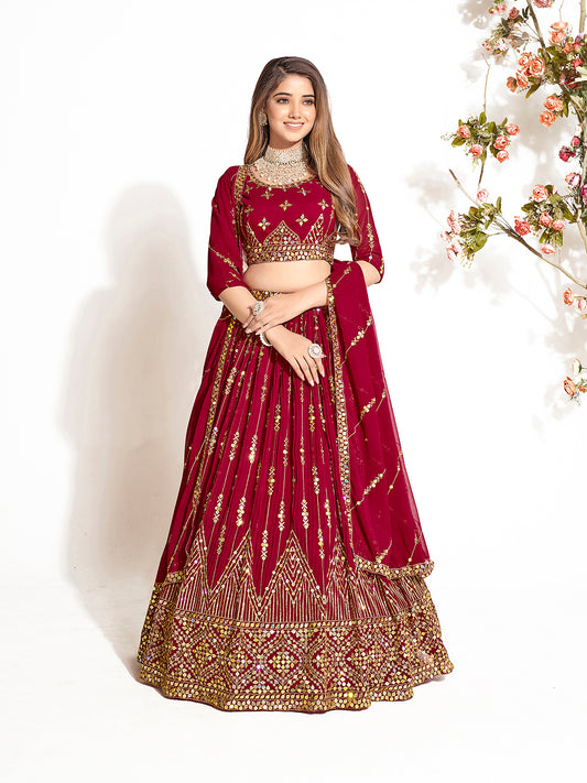 Dark Red Georgette Embroidered Wedding Lehenga Choli