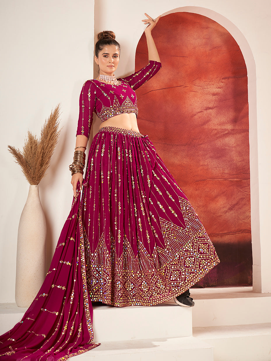 Rani Pink Gold Embroidered Wedding Silk Lehenga Choli