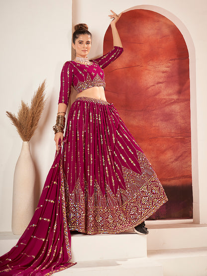 Rani Pink Gold Embroidered Wedding Silk Lehenga Choli