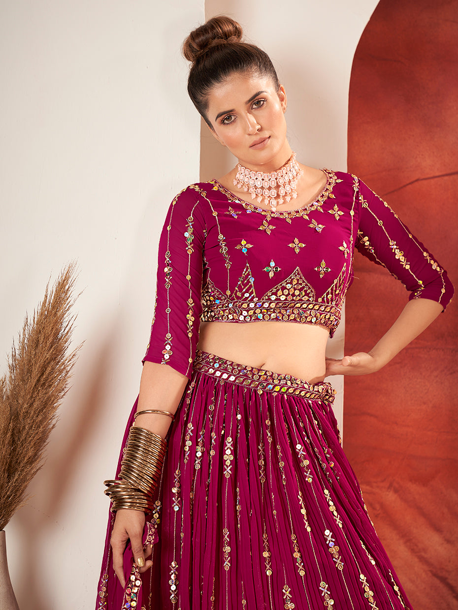 Rani Pink Gold Embroidered Wedding Silk Lehenga Choli