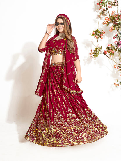Dark Red Georgette Embroidered Wedding Lehenga Choli