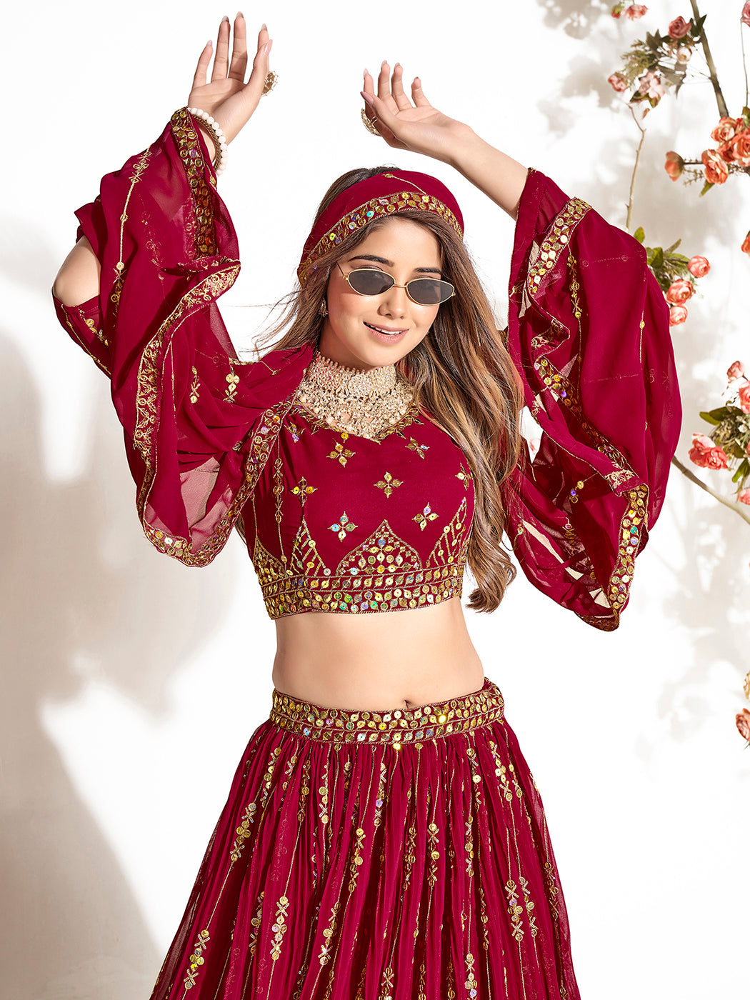 Dark Red Georgette Embroidered Wedding Lehenga Choli