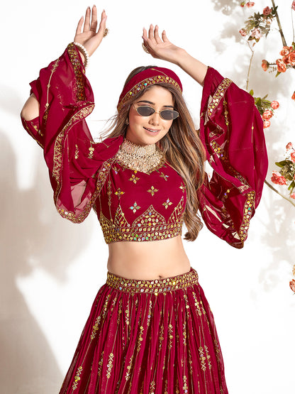 Dark Red Georgette Embroidered Wedding Lehenga Choli