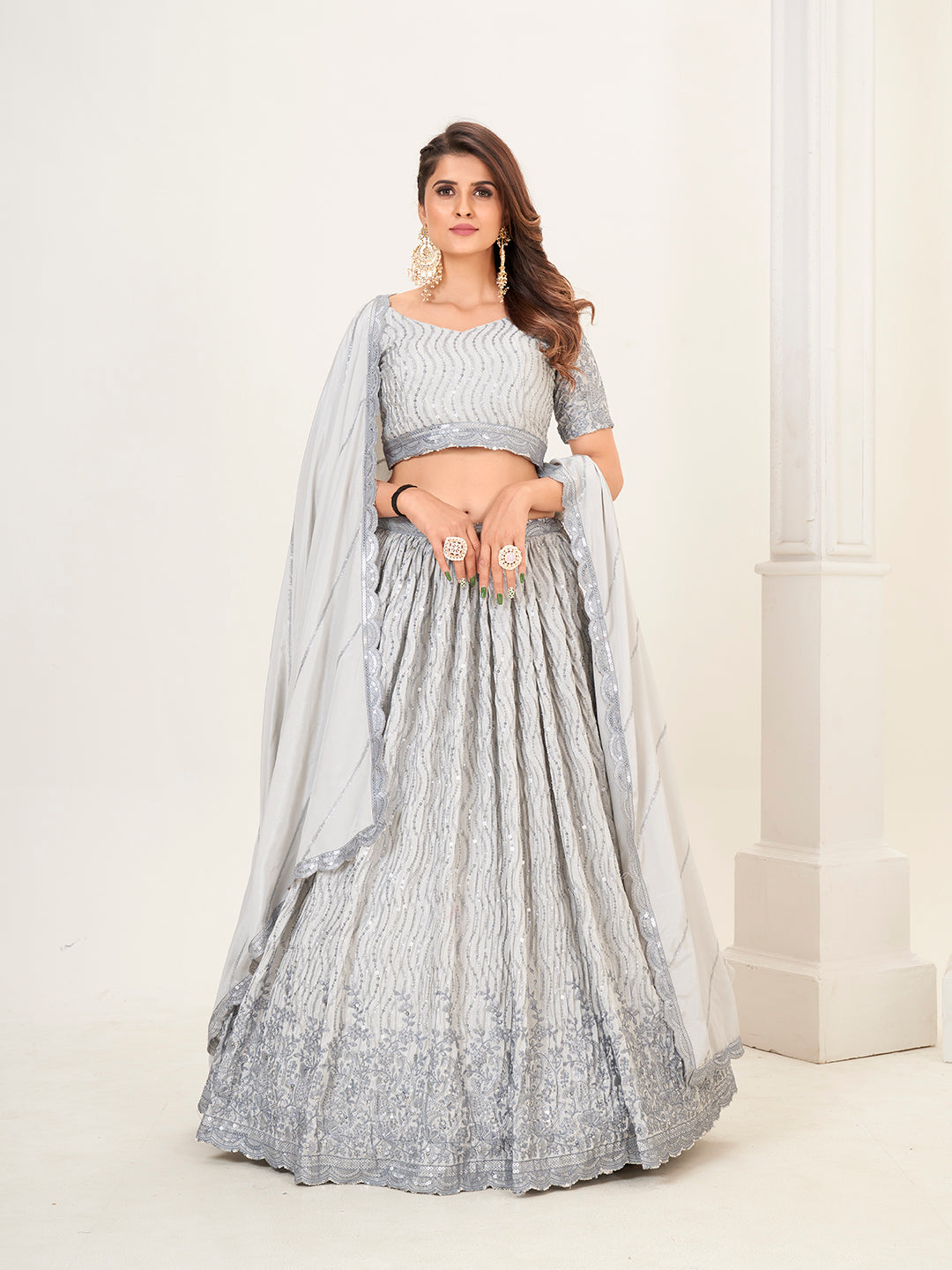 Warm White Georgette Embroidered Wedding Lehenga Choli