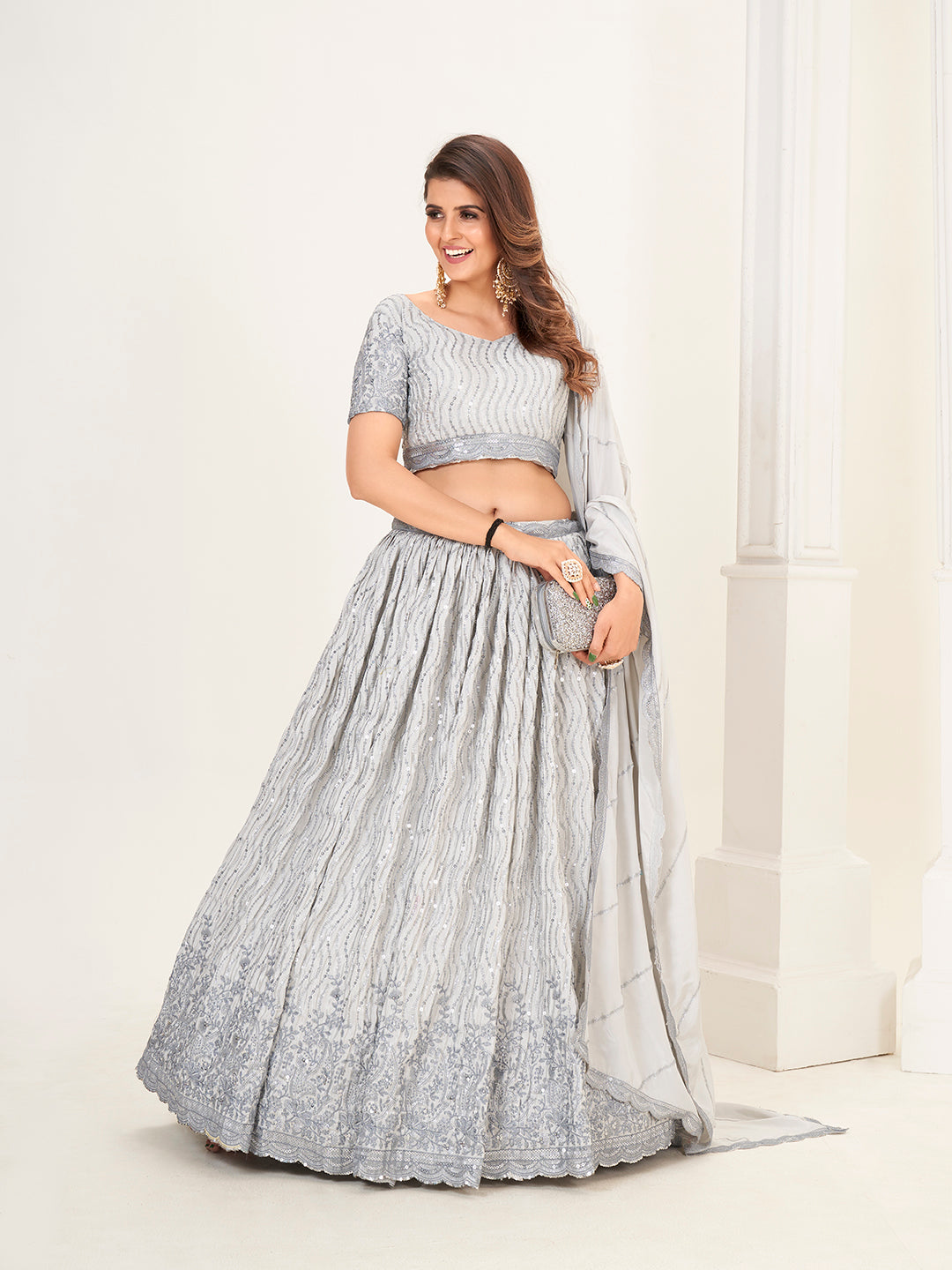 Warm White Georgette Embroidered Wedding Lehenga Choli