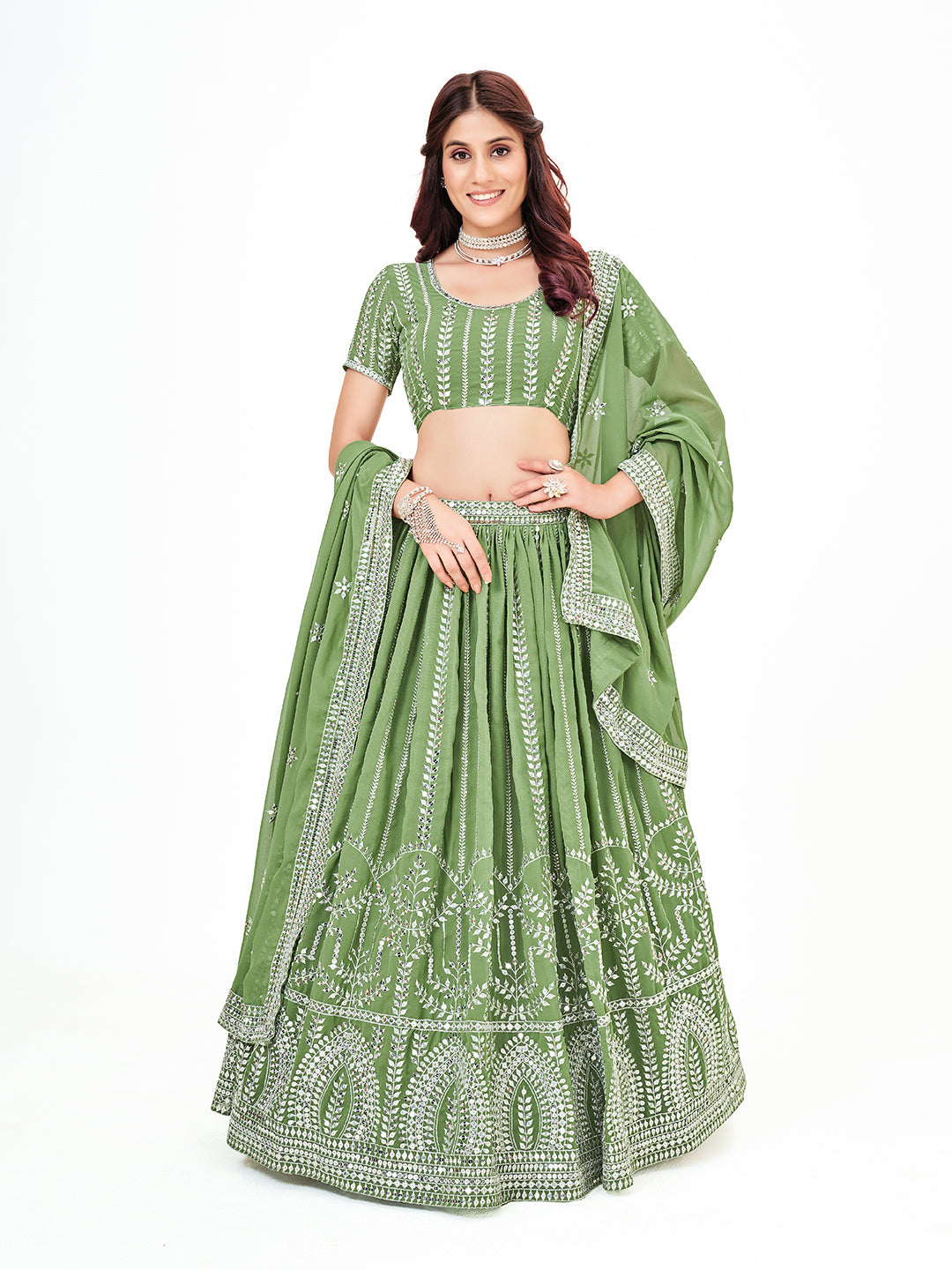 Apple Green Georgette Embroidered Wedding Lehenga with un stiched  blouse