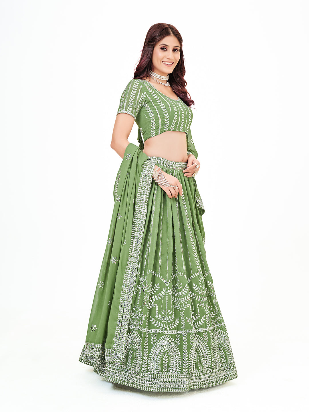 Apple Green Georgette Embroidered Wedding Lehenga with un stiched  blouse