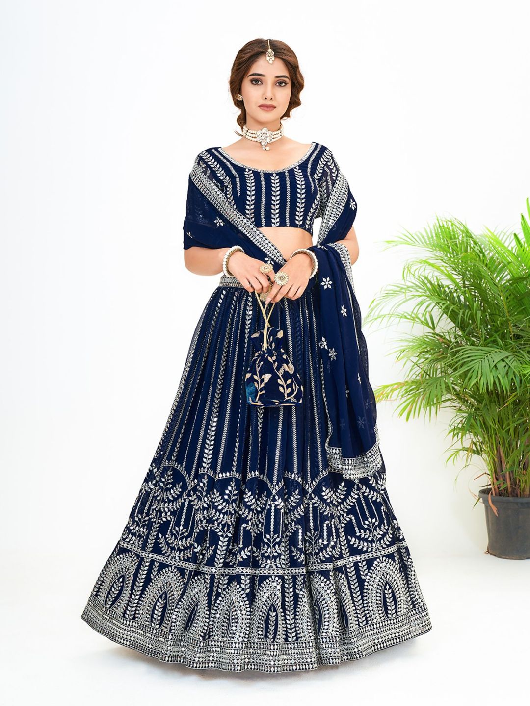Dark Blue Georgette Embroidered Wedding Lehenga Choli