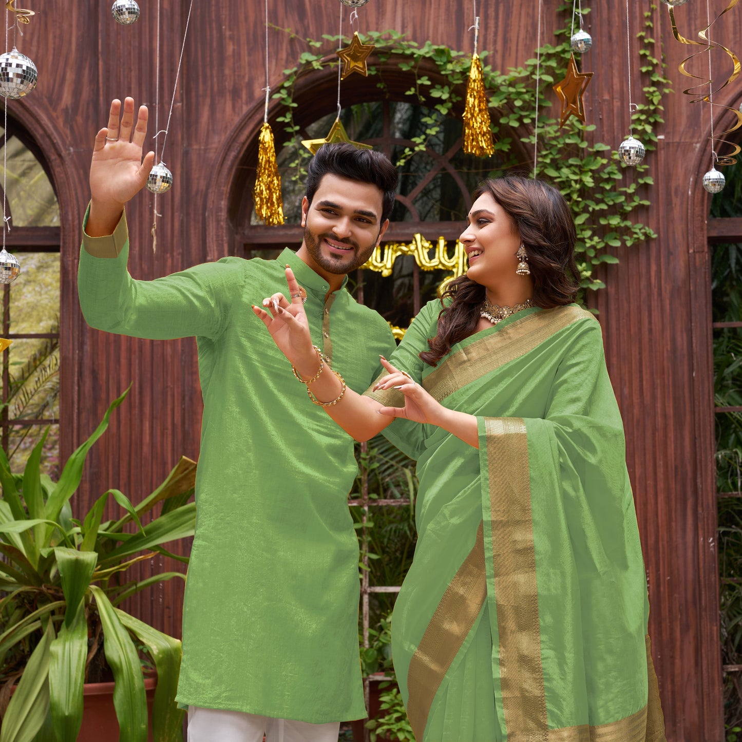 Mehndi Green Silk Couple Wear Saree with Kurta