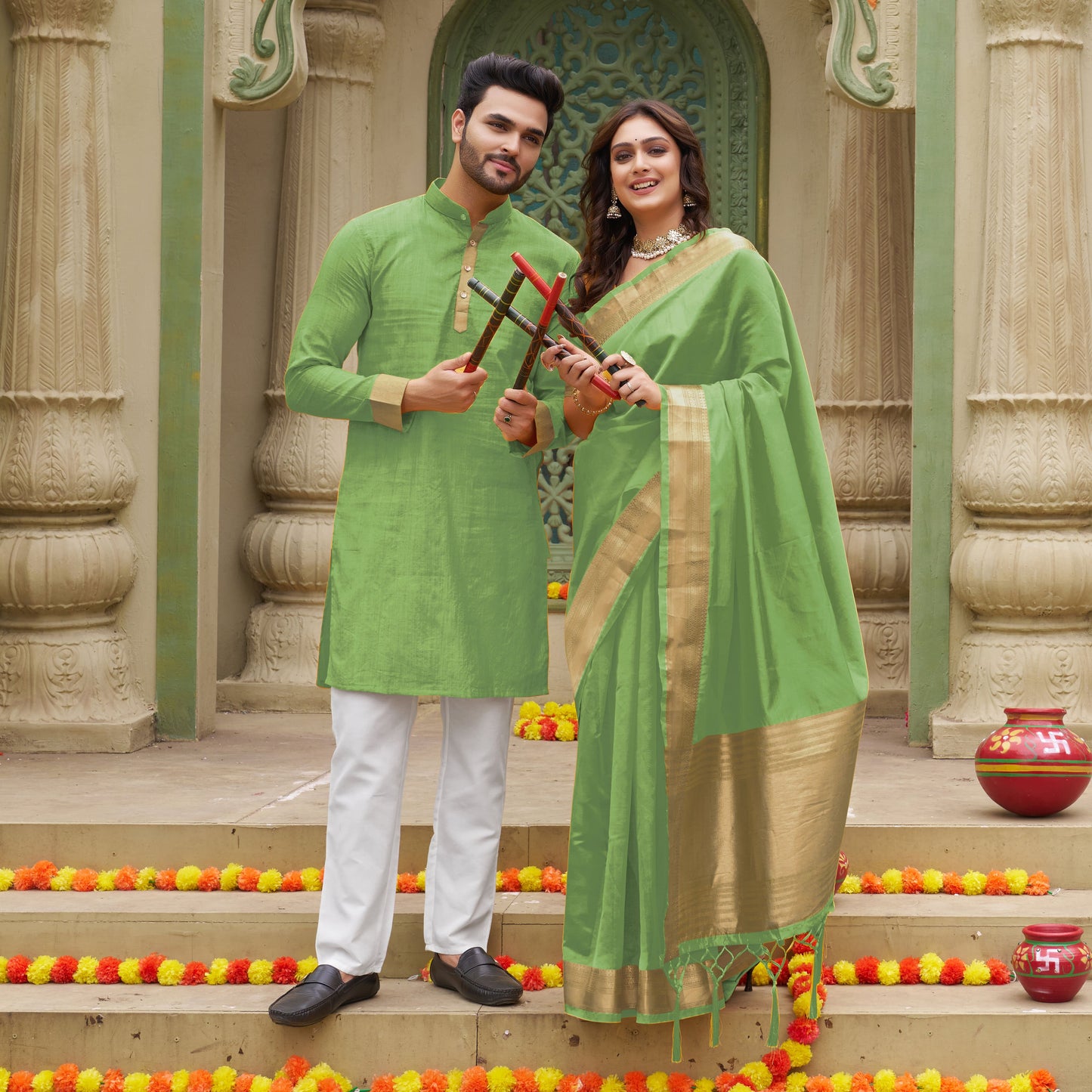 Mehndi Green Silk Couple Wear Saree with Kurta