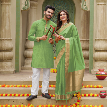 Mehndi Green Silk Couple Wear Saree with Kurta