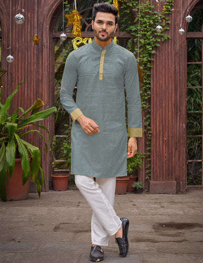 Grey Silk Couple Wear Saree with Kurta