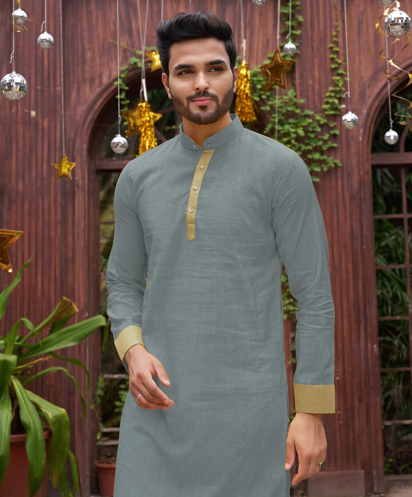 Grey Silk Couple Wear Saree with Kurta