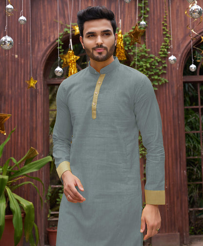 Grey Silk Couple Wear Saree with Kurta