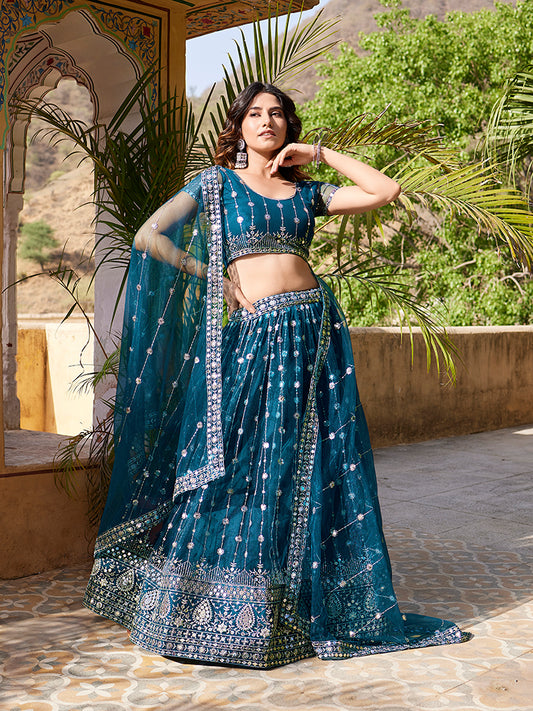 Rama Blue Soft Net Sequins Embroidered Lehenga Choli