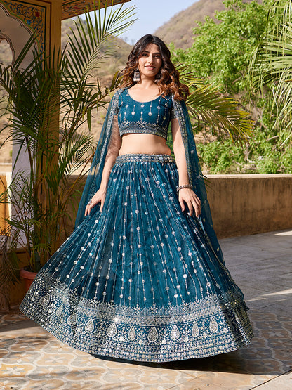 Rama Blue Soft Net Sequins Embroidered Lehenga Choli